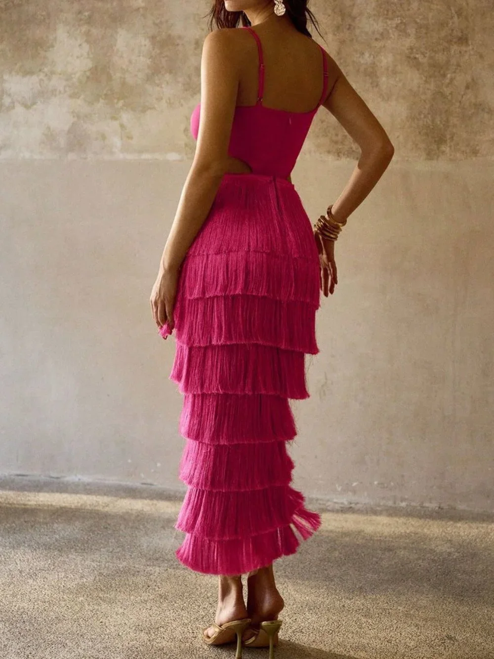 Hot Pink Casual Women's Strapless Cover Up Dress With Metal Decor - Picture 2 of 5